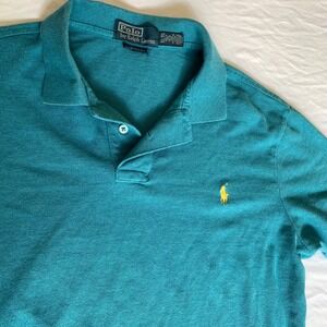 Polo Ralph Lauren Mens Custom Fit Teal Green Pique Polo Shirt Yellow Pony XL